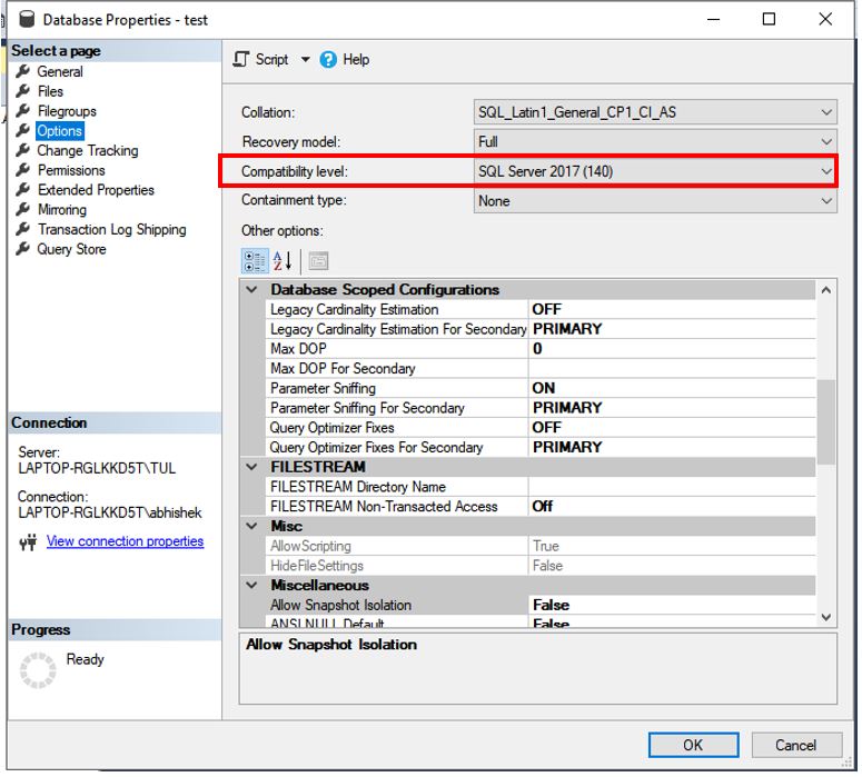 Compatibility Level SSMS